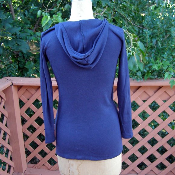 Size M/L 6-10 Cotton V-neck Ribbed Hooded Long Sleeve Tee by POUT Navy blue - Picture 4 of 8